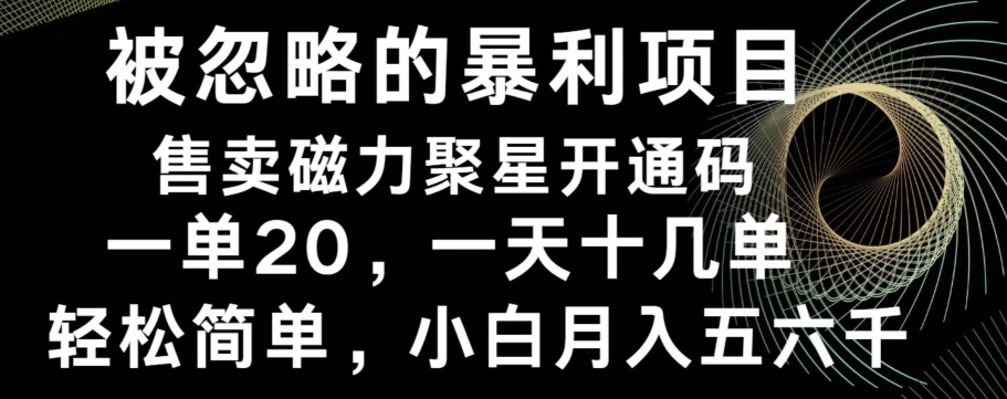 被忽略的暴利项目！售卖磁力聚星开通码，一单20，一天十几单，轻松月入五六千-kf网创