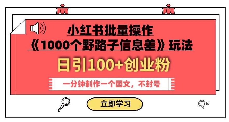 小红书批量操作《1000个野路子信息差》玩法，一分钟制作一个图文，不封号，日引100+创业粉-kf网创