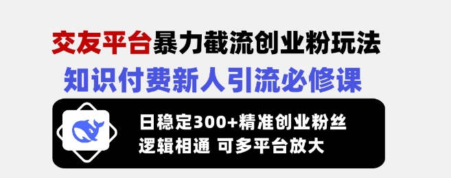 交友平台暴力截流创业粉玩法，知识付费新人引流必修课，日稳定300+精准创业粉丝，逻辑相通可多平台放大-kf网创