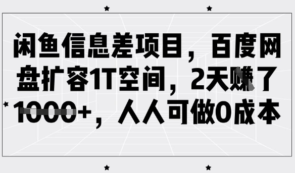 闲鱼信息差项目，百度网盘扩容1T空间，2天收益1k+，人人可做0成本-kf网创