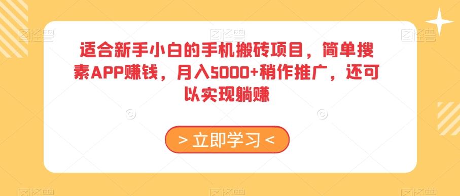 适合新手小白的手机搬砖项目，简单搜素APP赚钱，月入5000+稍作推广，还可以实现躺赚【揭秘】-kf网创