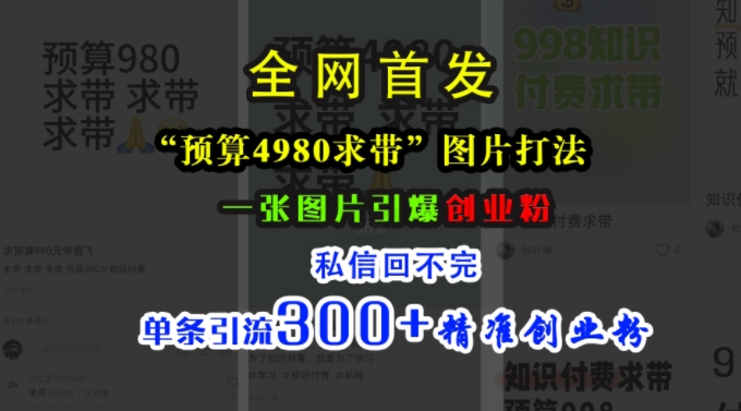 小红书“预算4980带我飞”图片打法，一张图片引爆创业粉，私信回不完，单条引流300+精准创业粉-kf网创